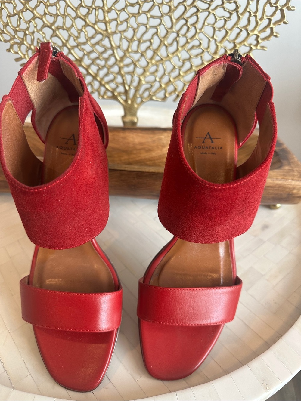 Aquatalia Red Suede and Leather Open-Toe Heels